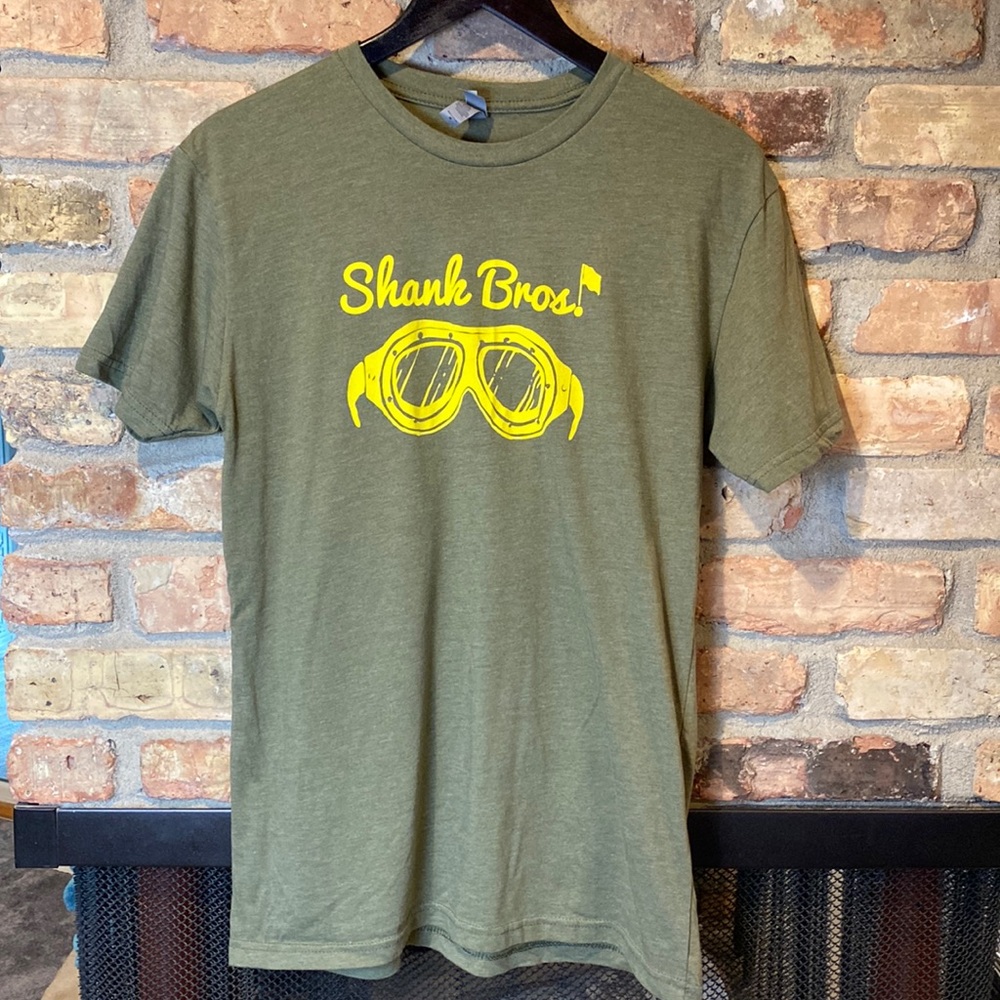 Men’s size medium shank bros graphic tea, very soft, army green with yellow